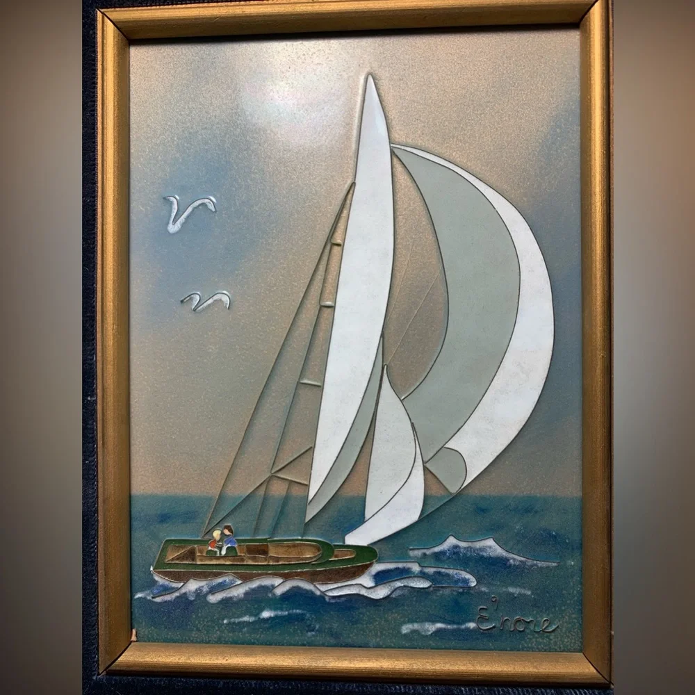 E'nore Set of 2 Oil Enamel Cloisonné on Copper Framed Eleanore Forrestal Lot MCM - Picture 6 of 10